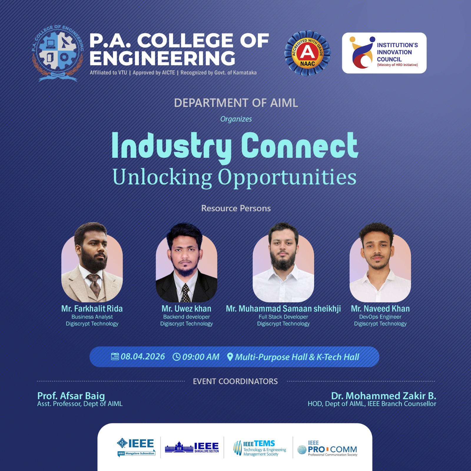 Industry Connect event poster at P.A. College of Engineering